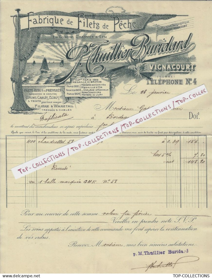 1908 NAVIGATION ARMEMENT PECHE FABRIQUE FILETS DE PECHE Thuillier Buridard Vignacourt (Somme) => Gaston Monier Bordeaux - 1900 – 1949