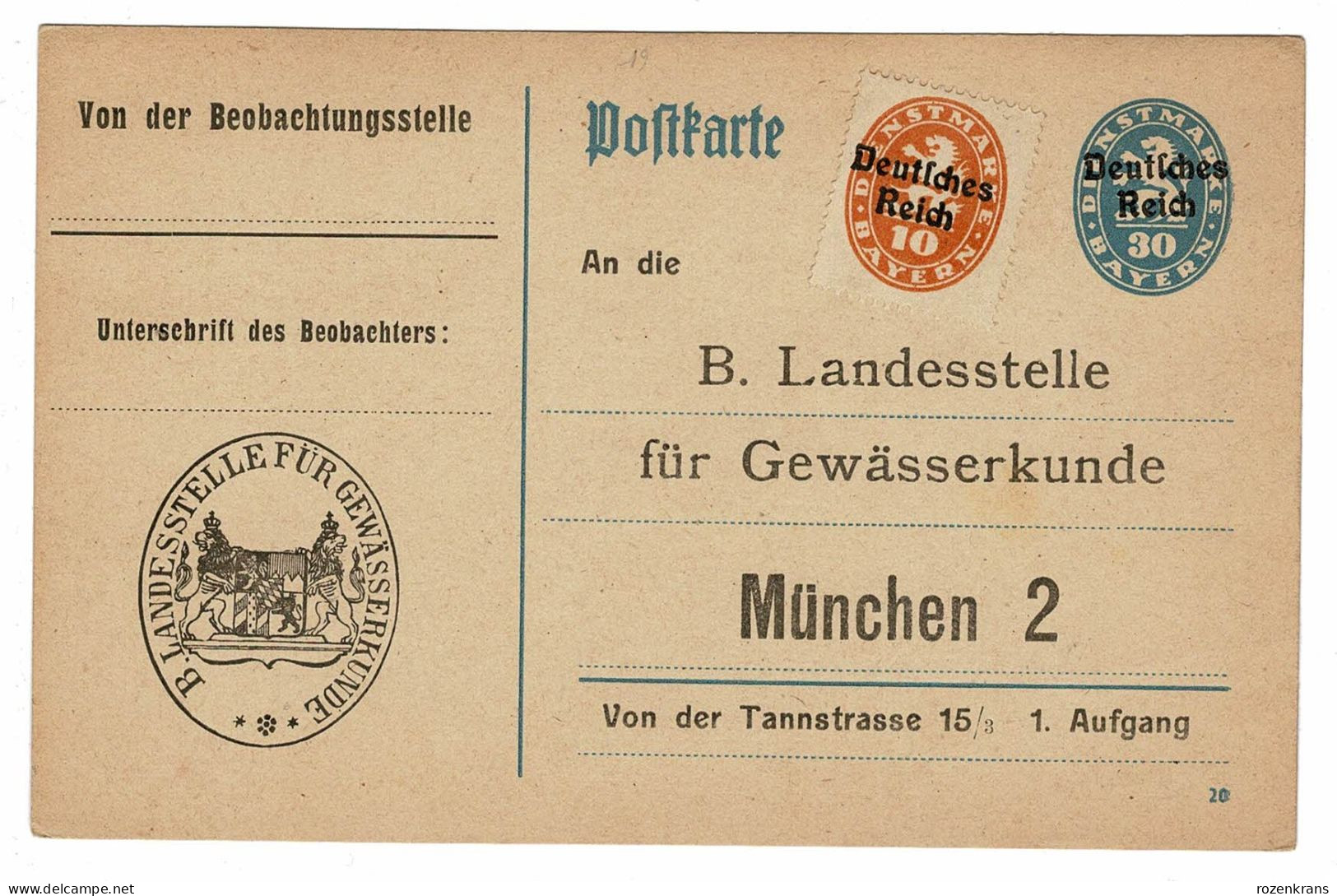 EP E.P. Entier Postale Ganzsache Deutschland 1920 Dienstmarke Für Bayern B. Landesstelle Fur Gewasserkunde Munchen - Interi Postali