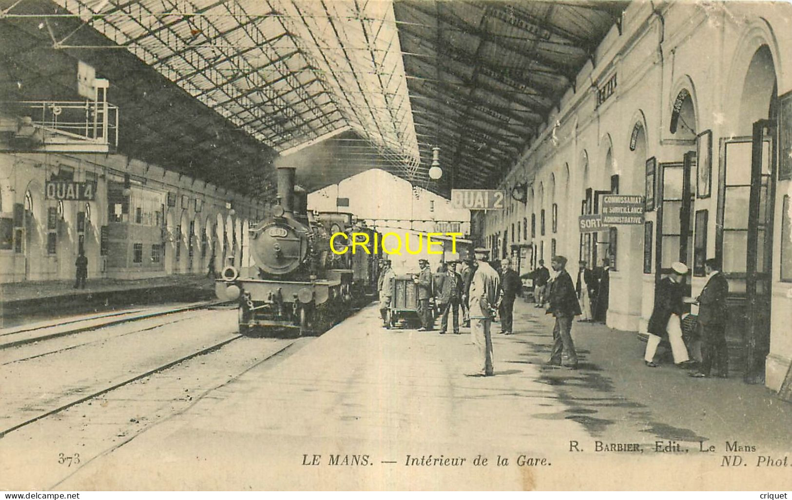 72 Le Mans, Intérieur De La Gare, Beau Train à Quai, Cheminots ..., Verso Cachet Commission Militaire 1918 - Le Mans