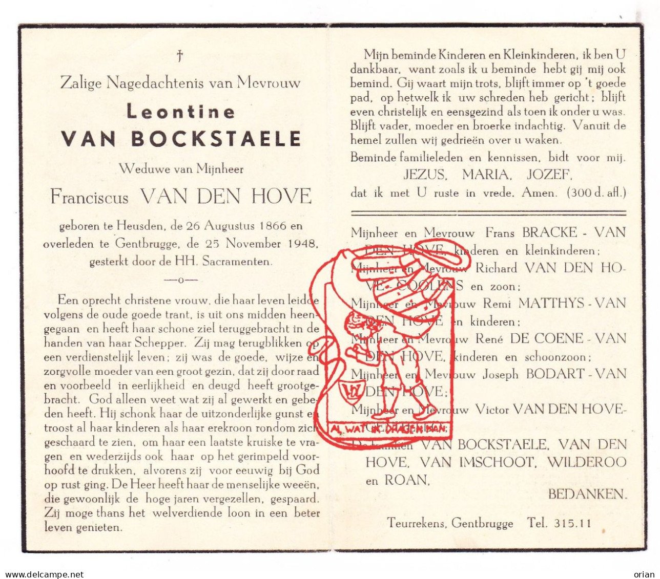 DP Leontine Van Bockstaele ° Heusden Destelbergen 1866† Gentbrugge 1948Vandenhove Bracke Coolens Genitello Imschoot Roan - Images Religieuses