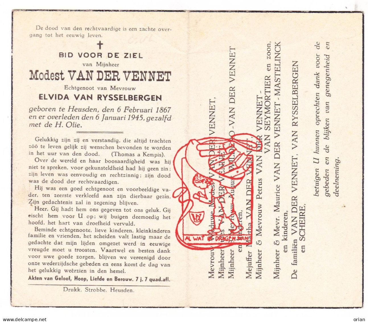 DP Modest Van Der Vennet ° Heusden Destelbergen 1867† 1945 X E. Van Rysselbergen / Wildero Seymortier Mastelinck Scheire - Images Religieuses