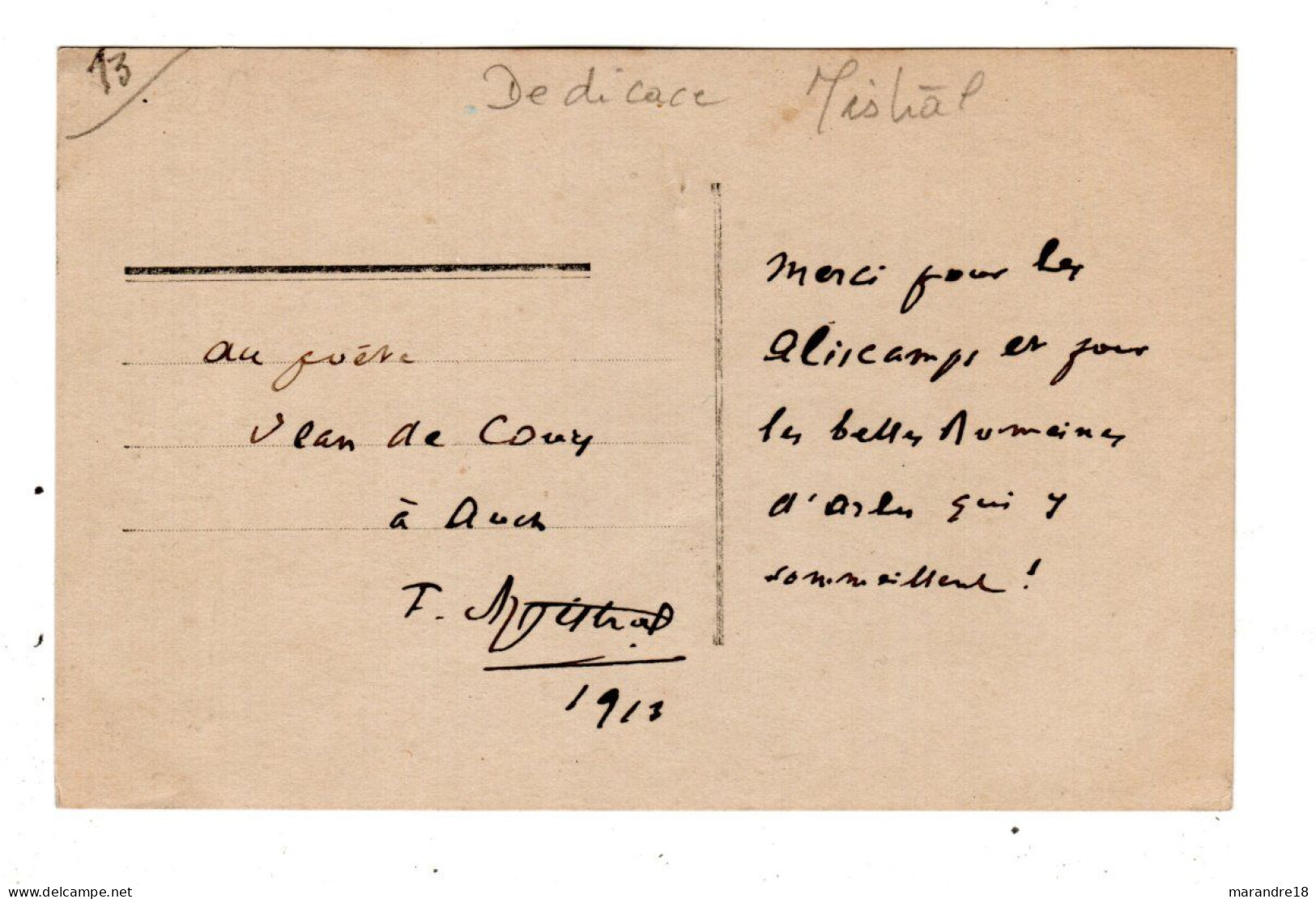 Carte Postale Avec Autographe Dédicacé Au Verso De La Main Du Poète Frederic Mistral - Schrijvers