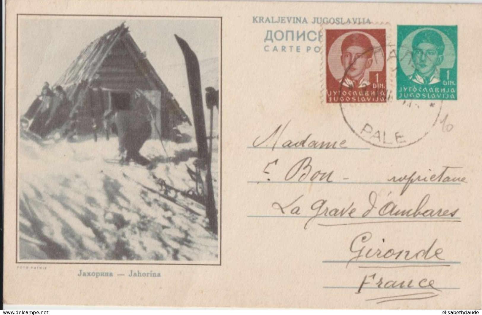 YOUGOSLAVIE - 1937 - CP ENTIER ILLUSTREE BILDPOSTKARTE (JAHORINA) De PALE (BOSNIE) => LA GRAVE D'AMBARES - Ganzsachen