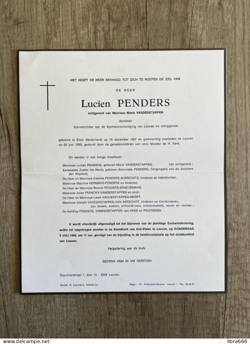 PENDERS Lucien °ELSLO (NEDERLAND) 1907 +LEUVEN 1980  VANDERSTAPPEN - VAN HEES - PINXTEREN - ALBRECHTS - MEERT - Apoteker - Overlijden