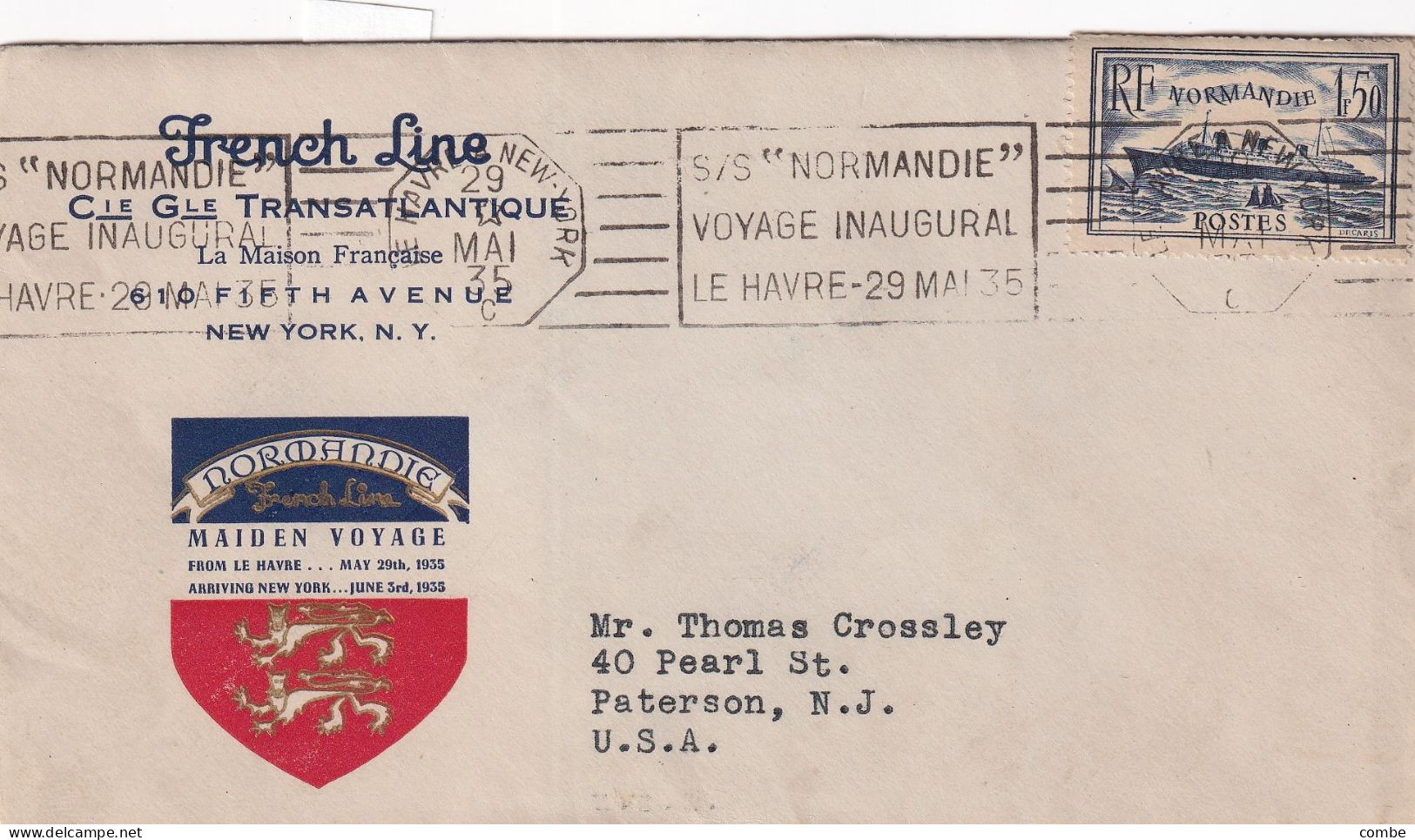 LETTRE. VOYAGE INAUGURAL S/ NORMANDIE. LE HAVRE. 29 MAI 1935. MAIDEN VOYAGE ET VIGNETTE - Maritime Post