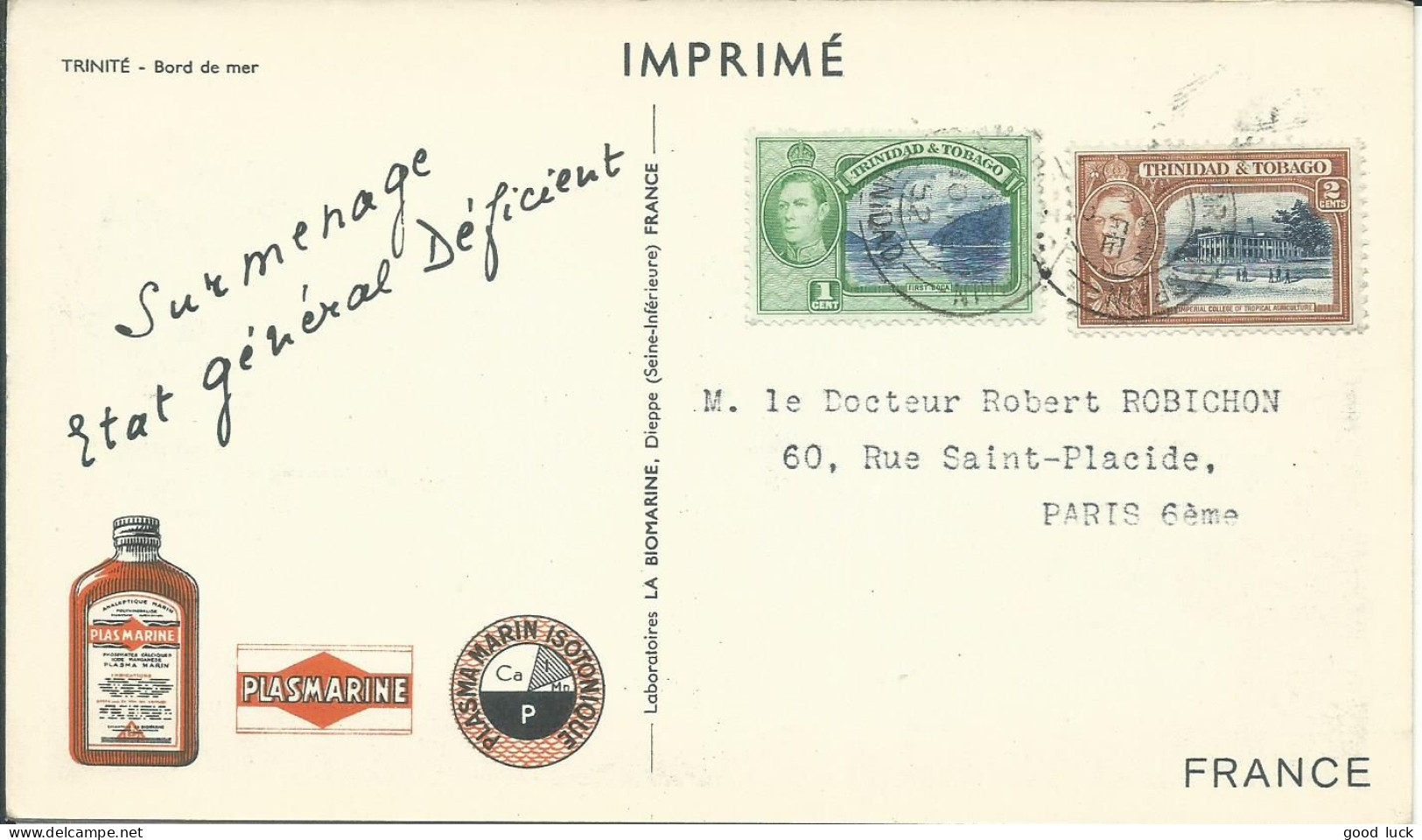 TRINIDAD ET TOBAGO CARTE 3c PLASMARINE / IONYL POUR PARIS DE 1952   LETTRE COVER - Trinidad Y Tobago