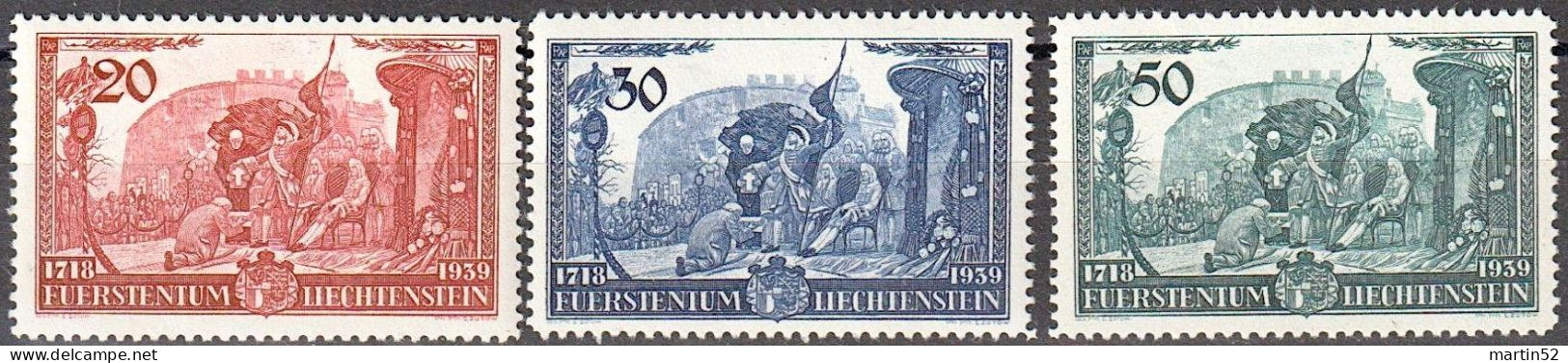 Liechtenstein 1939: Huldigung (Stich Eugen Zotow) Zu 144-146 Mi 180-182 Yv 155-157 * Falz MLH (Zumstein CHF 15.00 -50%) - Königshäuser, Adel