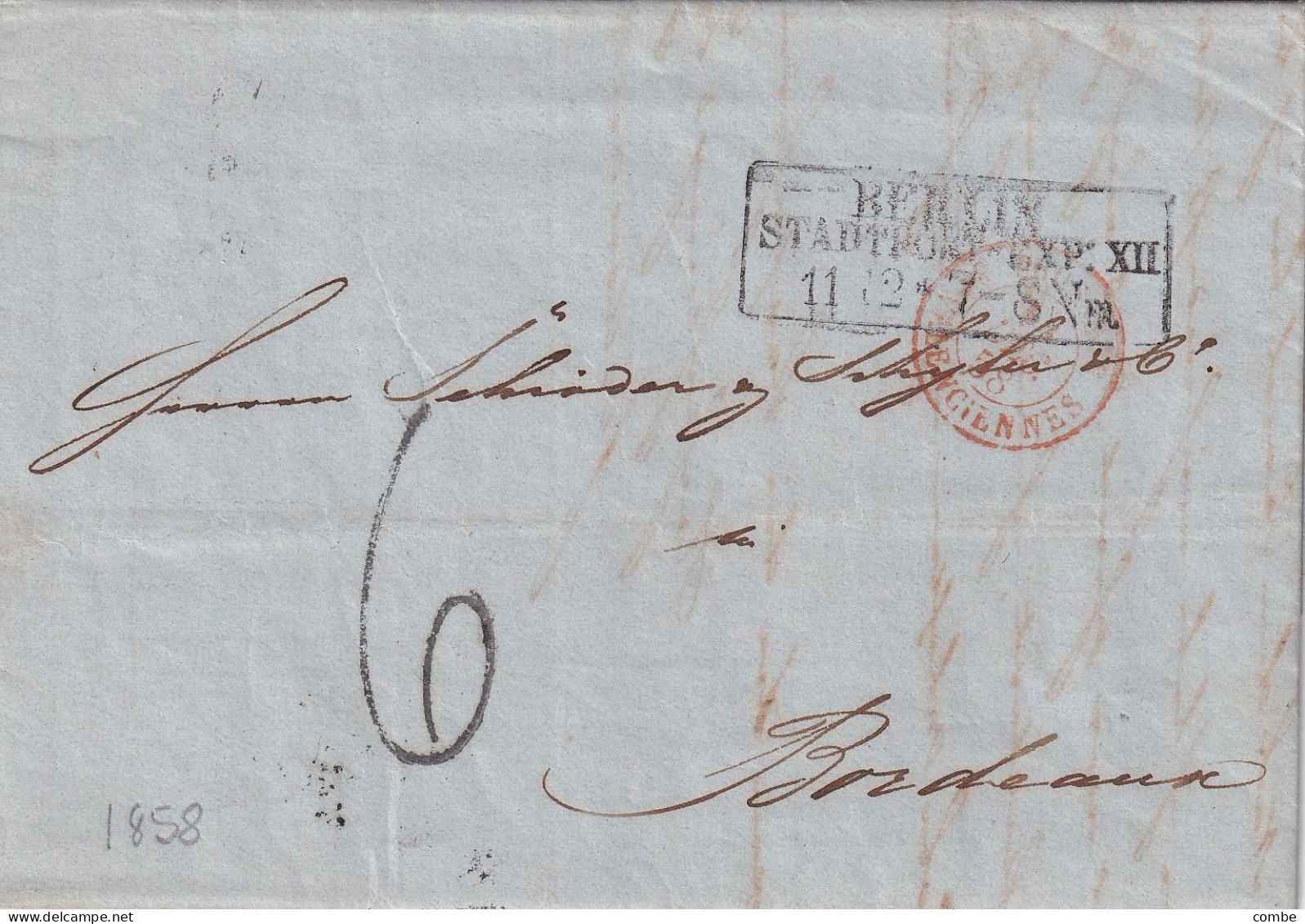 LETTRE. 1858. BERLIN. FERDINAND TIEDE. POUR BORDEAUX. TAXE 6. ENTREE PRUSSE PAR VALENCIENNES - 1849-1876: Période Classique