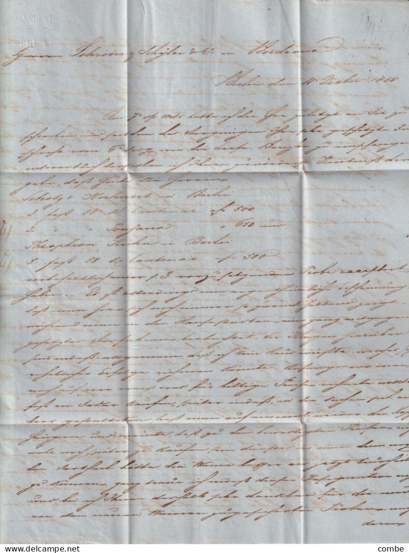 LETTRE. 1858. BERLIN. FERDINAND TIEDE. POUR BORDEAUX. TAXE 6. ENTREE PRUSSE PAR VALENCIENNES - 1849-1876: Klassieke Periode