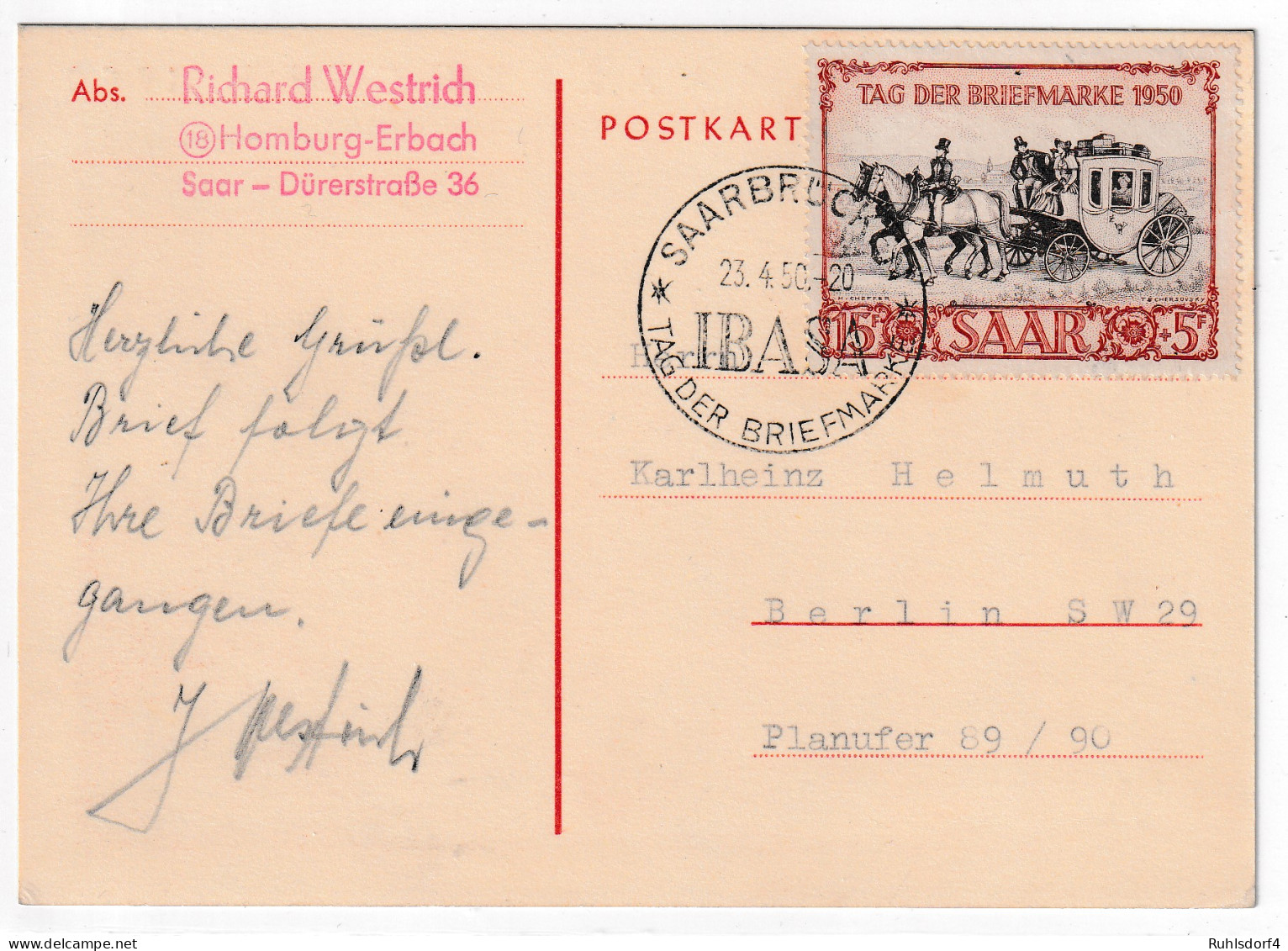 Saarland Tag Der Brfm. 1950 (IBASA) Auf FDC, Befund Geigle - Other & Unclassified