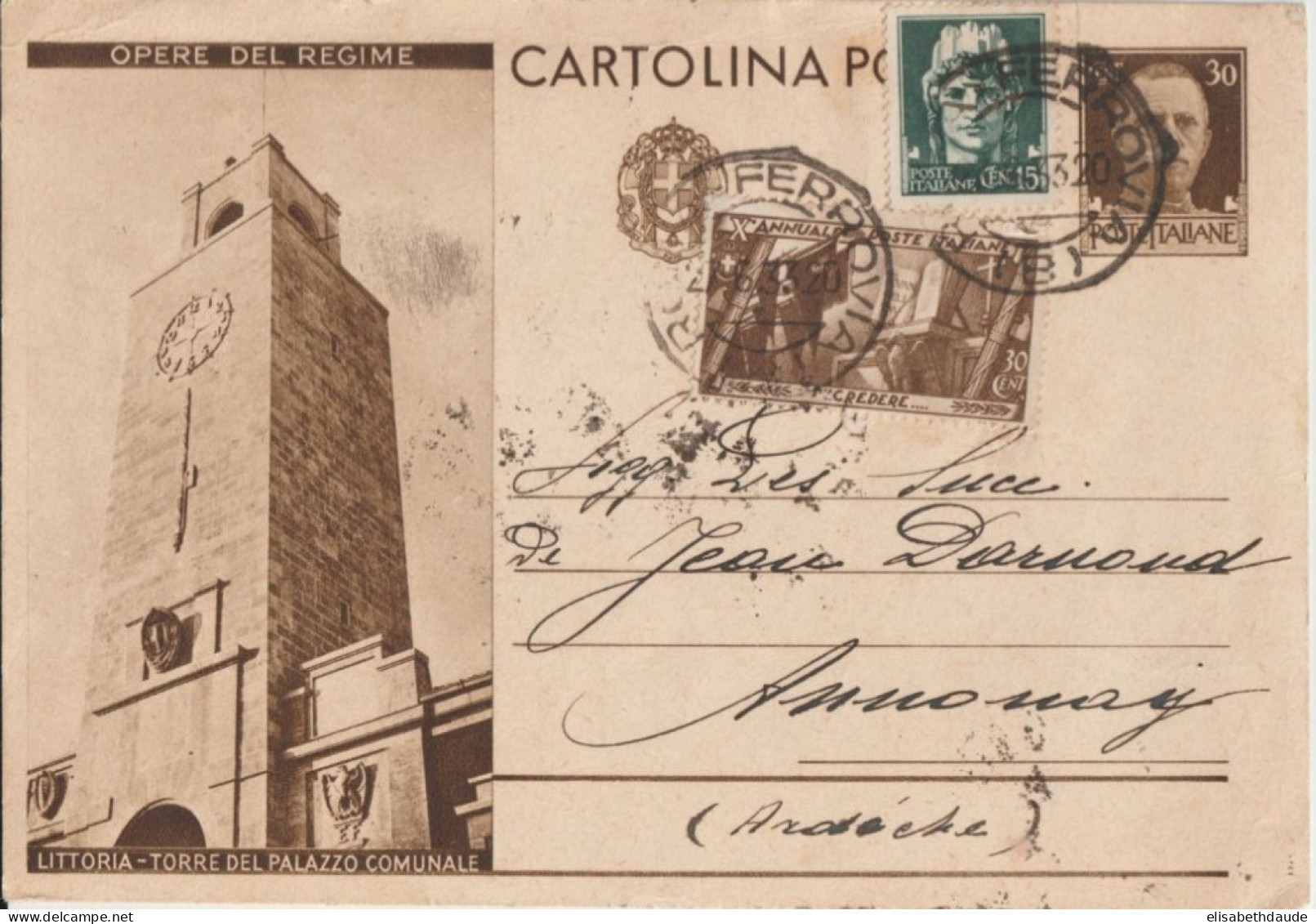 ITALIE - 1933 - CP ENTIER ILLUSTREE BILDPOSTKARTE "OPERE DEL REGIME" (LITTORIA) De ROMA FERROVIA => ANNONAY (ARDECHE) - Entiers Postaux