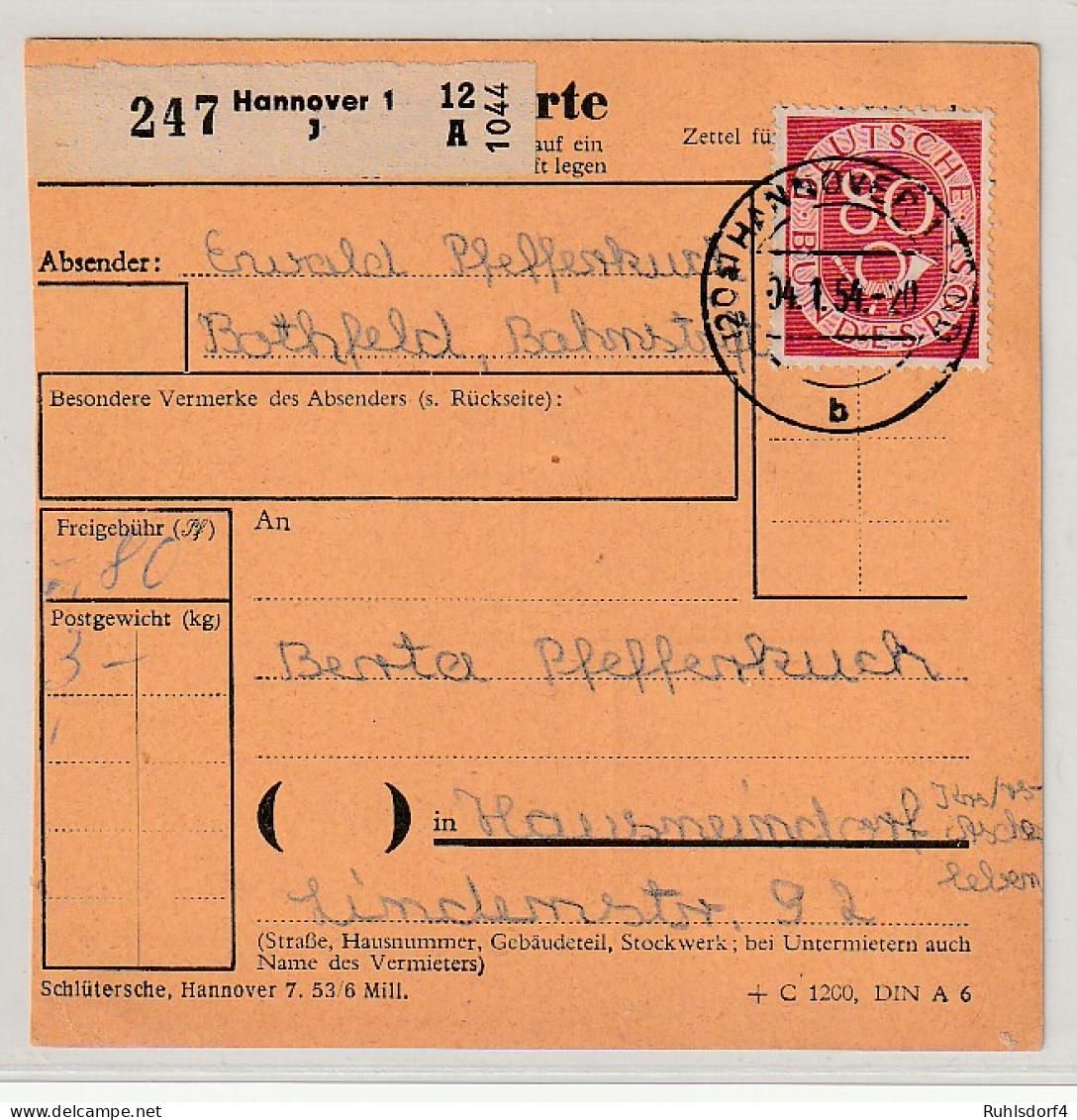 80 Pfg. Posthorn Portorichtig Auf Paketkarte - Storia Postale