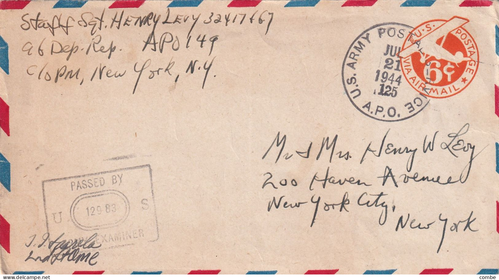 COVER USA. 21 JUL 44. APO 125. LA MOLAY. FRANCE. TO NEW YORK - Brieven En Documenten