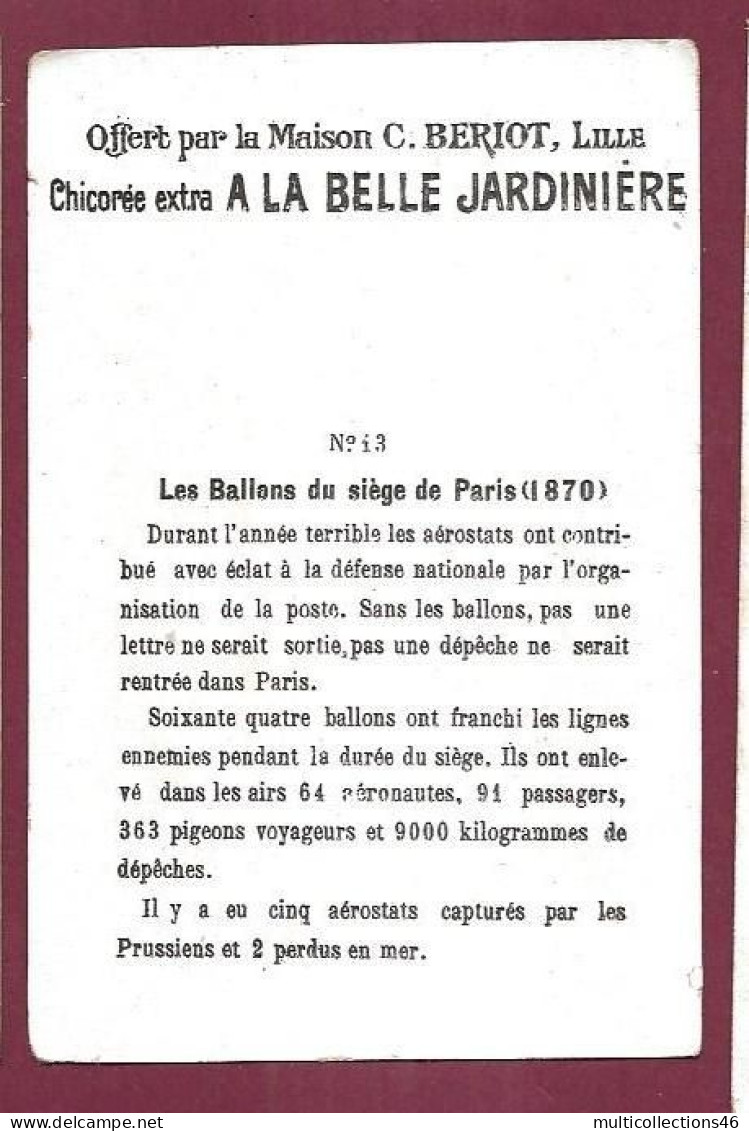 110524C - CHROMO A LA BELLE JARDINIERE C BERIOT LILLE - Ballons Du Siège De Paris 1870 N°13 - Aviation Dirigeable Guerre - Sonstige & Ohne Zuordnung