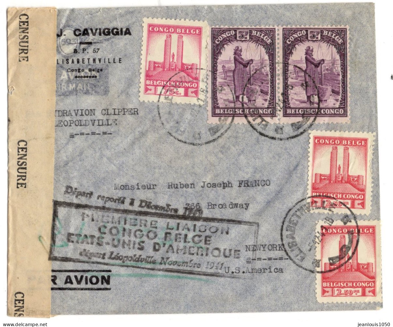 CONGO BELGE LETTRE EN POSTE AERIENNE OBLITERE ELISABETHVILLE POUR NEW YORK PREMIER VOL  CONGO BELGE USA - Covers & Documents