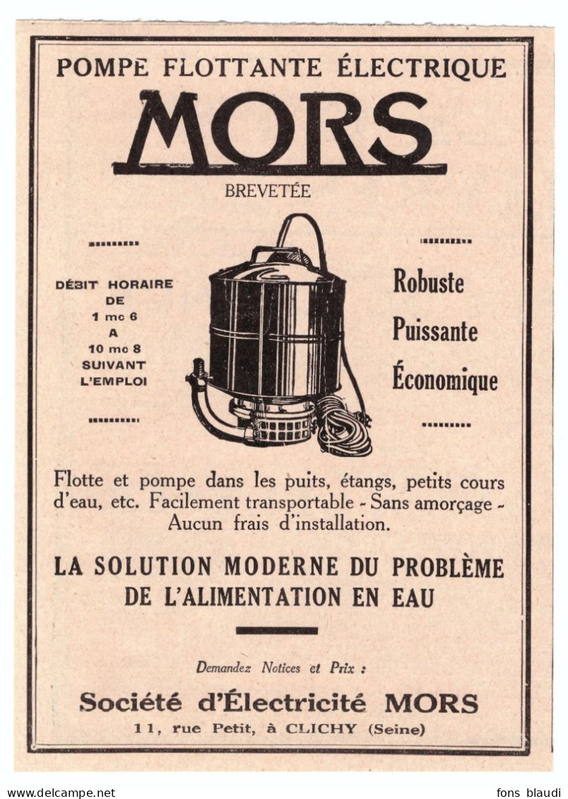 1932 - Publicité - Pompes électriques Mors Au 11 Rue Petit à Clichy (Hauts-de-Seine) - Publicités