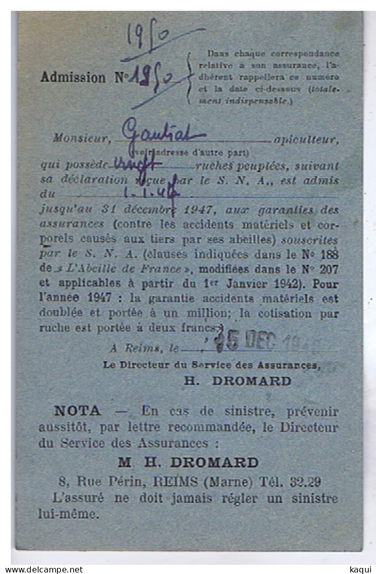 MARNE - REIMS - Carte D'Admission Au Syndicat National D'Apiculture - Membership Cards