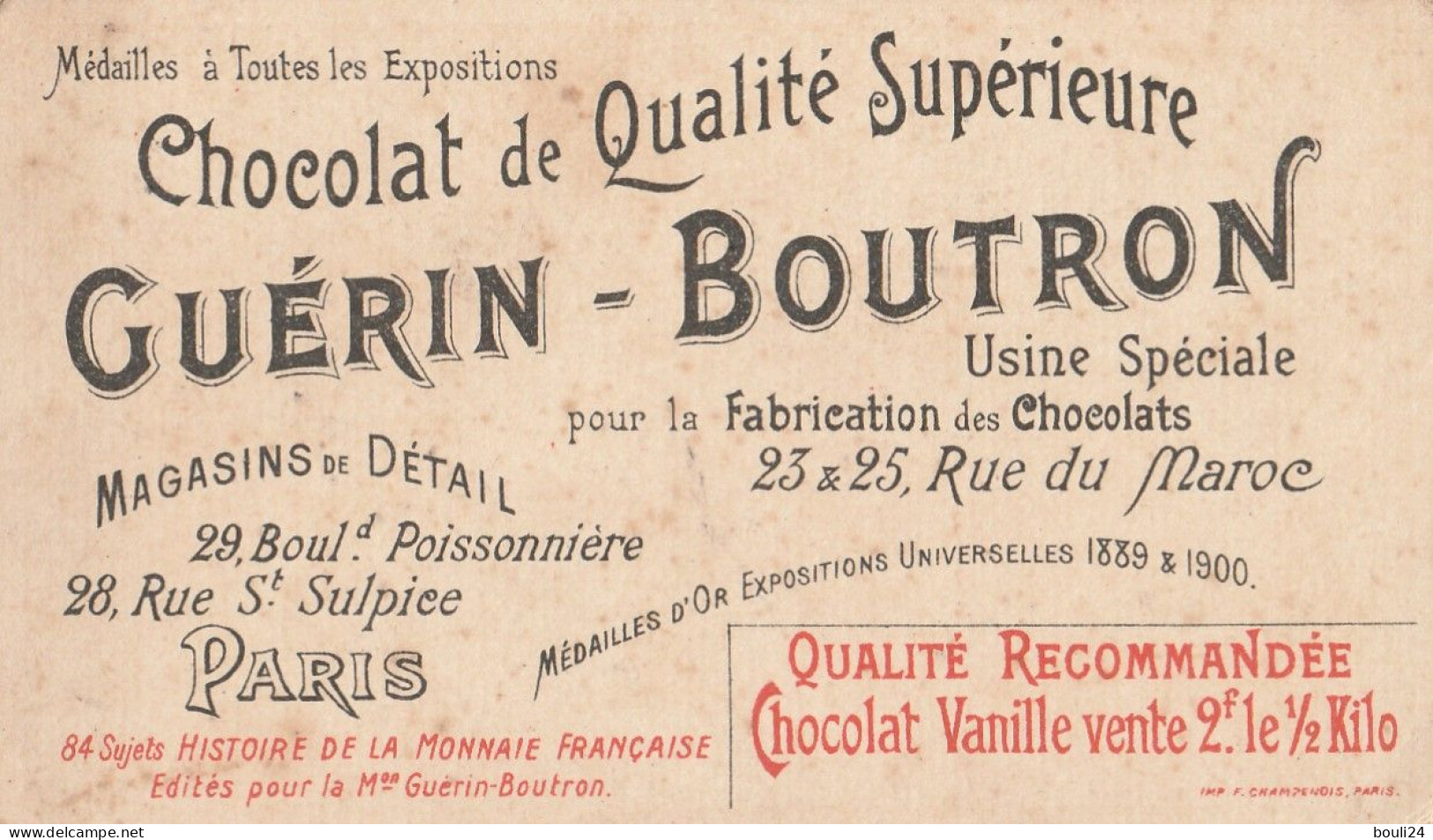 CHROMO CHOCOLAT GUERIN BOUTRON  HISTOIRE DE LA MONNAIE FRANCAISE N° 83 - Guerin Boutron