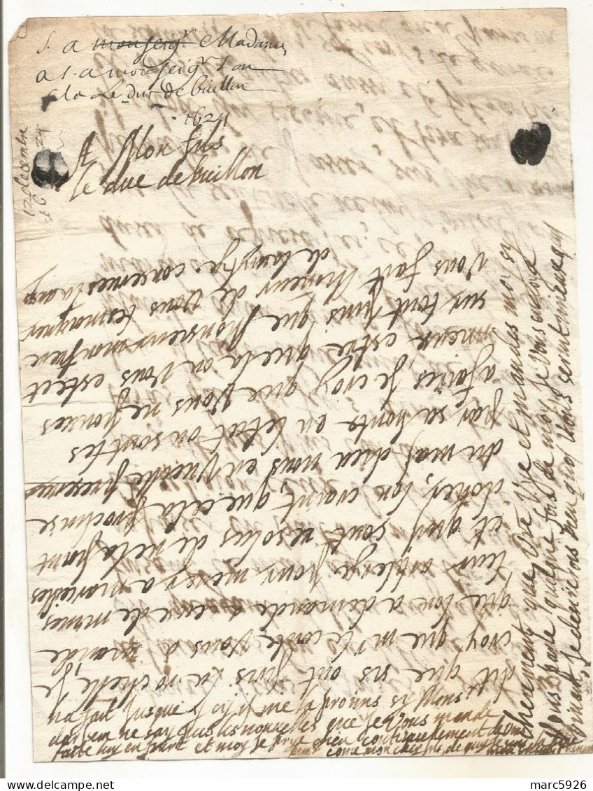 N°2039 ANCIENNE LETTRE ELISABETH DE NASSAU A SEDAN AU DUC DE BOUILLON AVEC CACHET DE CIRE DATE 1624 - Documents Historiques