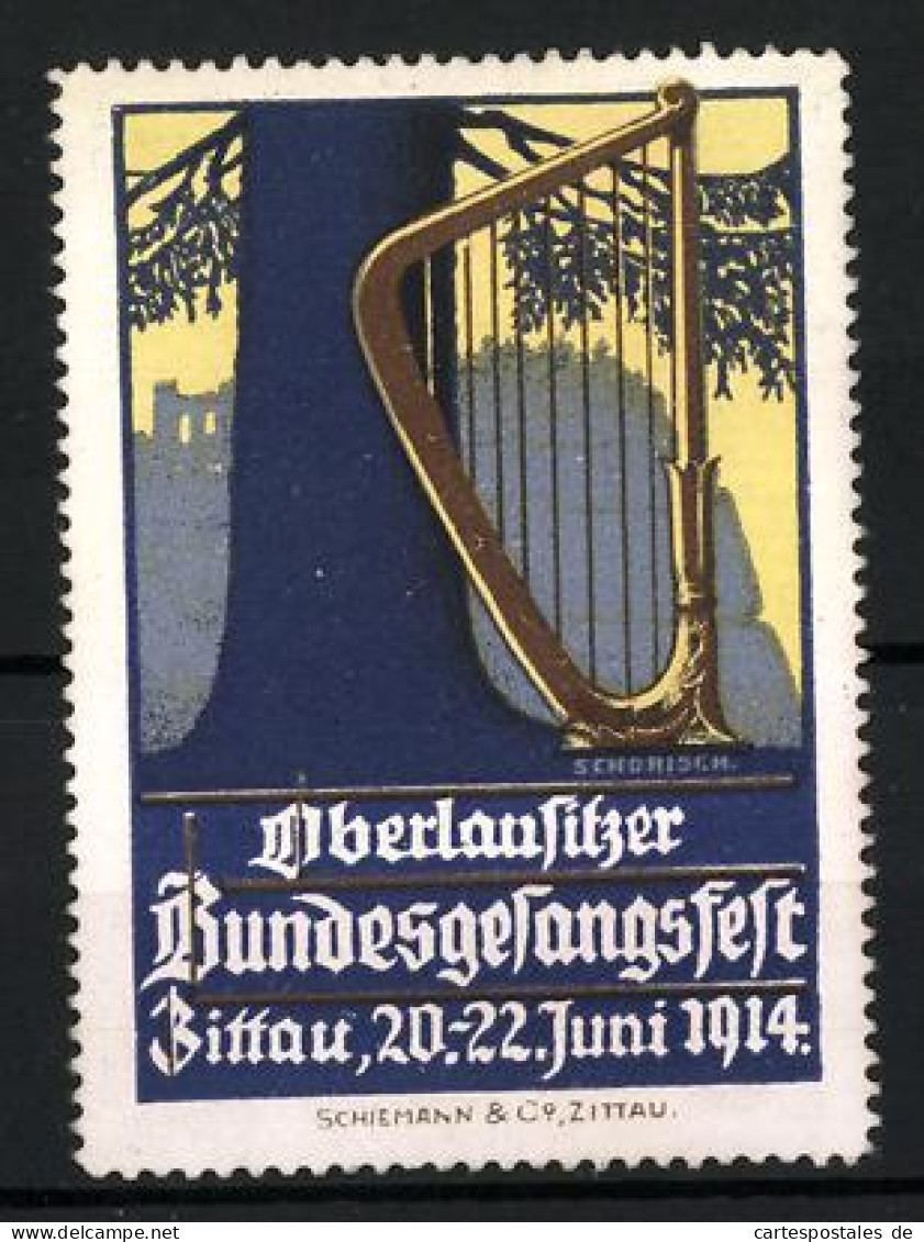 Künstler-Reklamemarke Schorisch, Zittau, Oberlausitzer Bundesgesangsfest 1914, Harfe Und Baum  - Erinnophilie