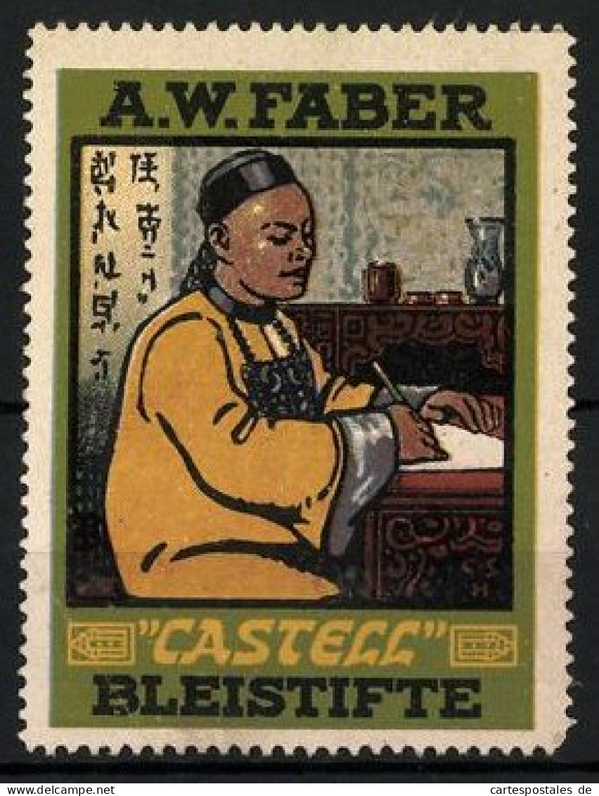 Reklamemarke Castell - Bleistifte, A. W. Faber, Chinese Am Tisch Schreibend  - Erinnofilia