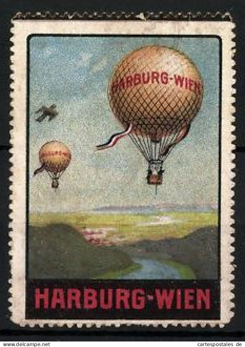 Reklamemarke Harburg-Wien, Ballone über Einer Landschaft  - Erinofilia