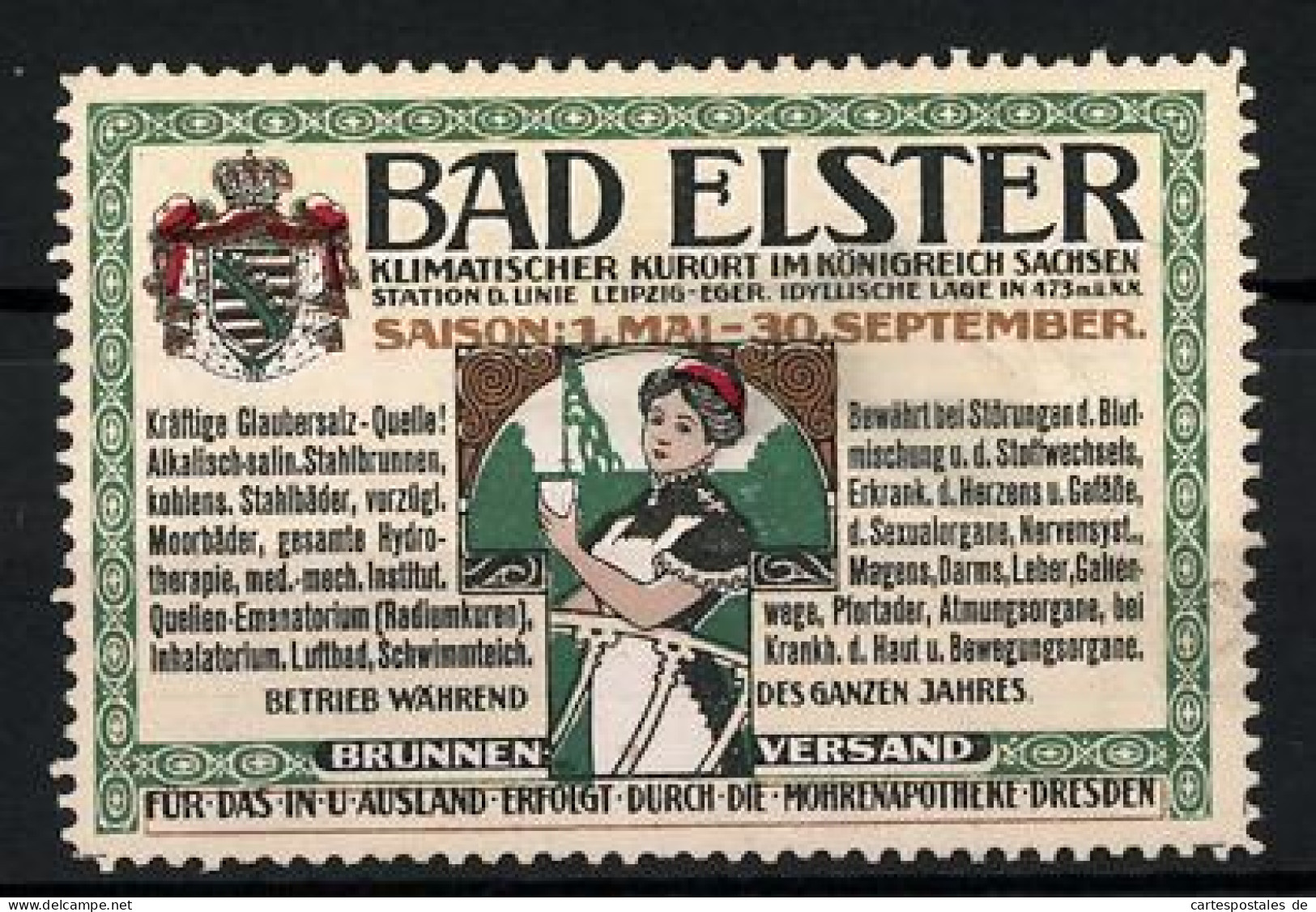 Reklamemarke Bad Elster, Klimatischer Kurort Im Königreich Sachsen, Glaubersalzquelle, Wappen, Angestellte  - Erinnofilie