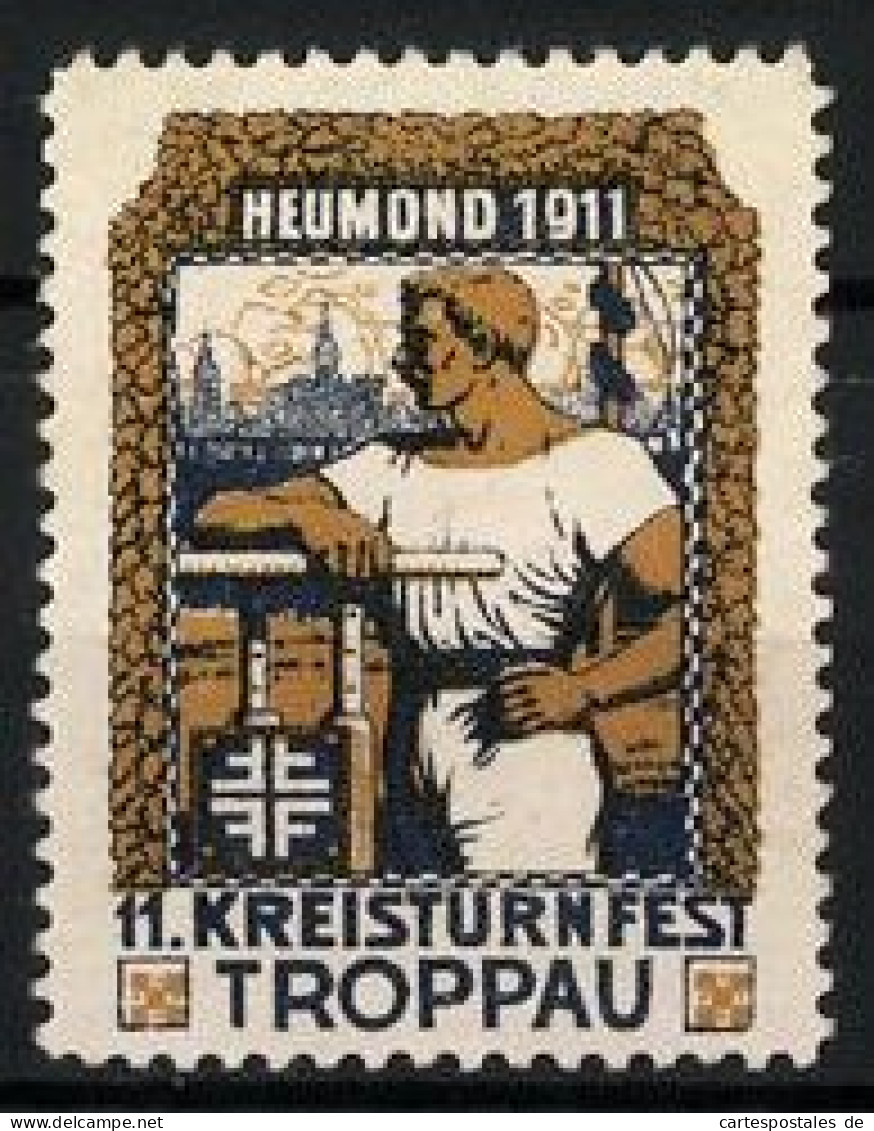 Reklamemarke Troppau, 11. Kreisturnfest & Heumond 1911, Sportler Am Reck  - Erinnophilie