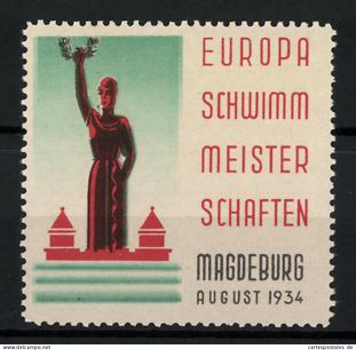 Reklamemarke Magdeburg, Europa Schwimm-Meisterschaften 1934, Göttin Mit Siegerkranz  - Erinnophilie