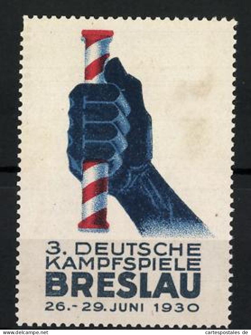 Reklamemarke Breslau, 3. Deutsche Kampfspiele 1930, Hand Hält Einen Läuferstab  - Cinderellas