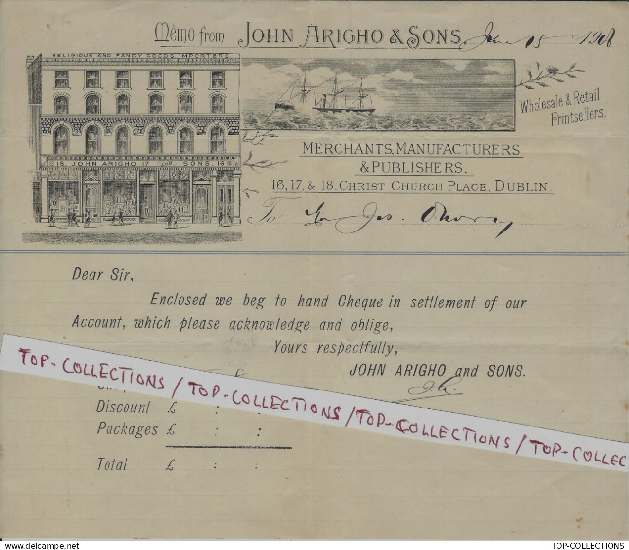 NAVIGATION IMPORT EXPORT 1908 John Arigho & Sons Dublin Irlande Religious & Fancy Goods Importers SUPERBE ENTETE V.SCANS - 1900 – 1949