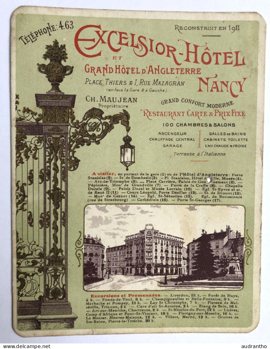 Ancienne Carte Publicitaire + Plan Excelsior Hôtel Grand Hôtel D'Angleterre Charles Maujean - Nancy Place Thiers - Advertising