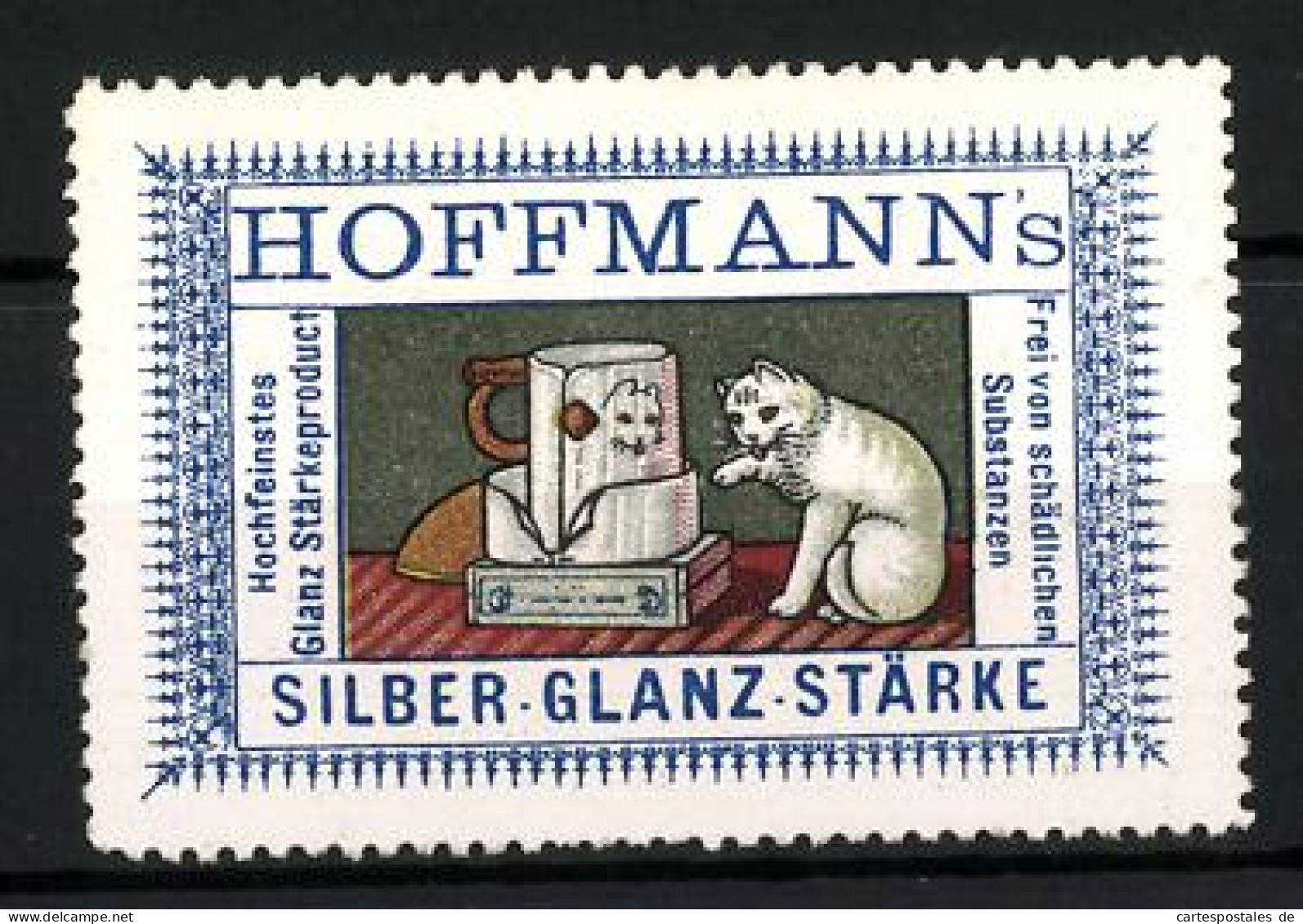Reklamemarke Hoffmann's Silber-Glanz-Stärke, Hochfeinstes Galnz-Stärke-Produkt, Katze Spiegelt Sich In Einem Becher  - Erinofilia