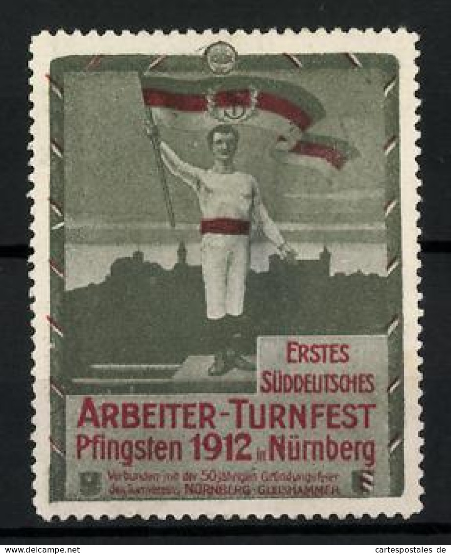 Reklamemarke Nürnberg, Erstes Süddeutsches Arbeiter-Turnfest 1912, Sportler Mit Flagge Auf Der Siegertreppe  - Erinnophilie