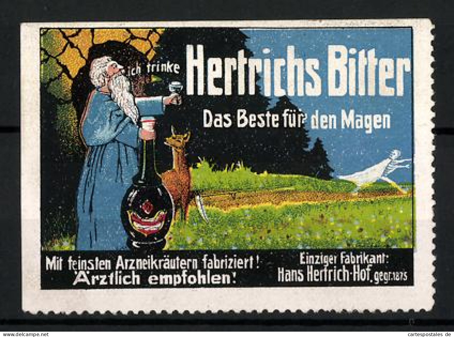 Reklamemarke Hertrichs Bitter - Das Beste Für Den Magen, Fabrikant Hans Hertrich, Hof, Einsiedler Mit Glas Und Flasche  - Cinderellas