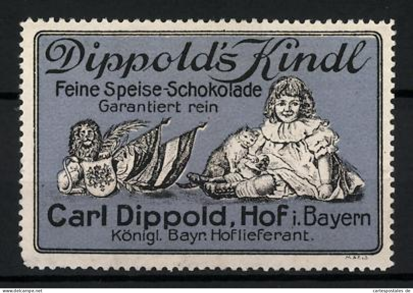 Reklamemarke Dippold's Kindl - Feinste Speise-Schokolade, Carl Dippold, Hof I. B., Mädchen Mit Katze  - Erinnophilie
