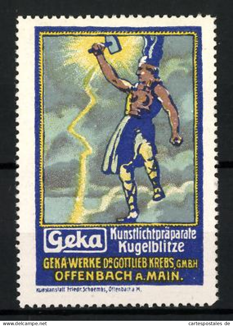 Reklamemarke Geka Kunstlichtpräparate & Kugelblitze, Geka-Werke Dr. Gottlieb Krebs, Offenbach, Germane Mit Hammer  - Vignetten (Erinnophilie)