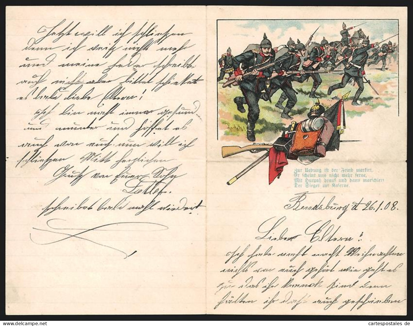 Briefkopf Preussische Infanteristen In Uniform Stürmen In Die Schlacht, Marschgepäck & Ausrüstung  - Sonstige & Ohne Zuordnung