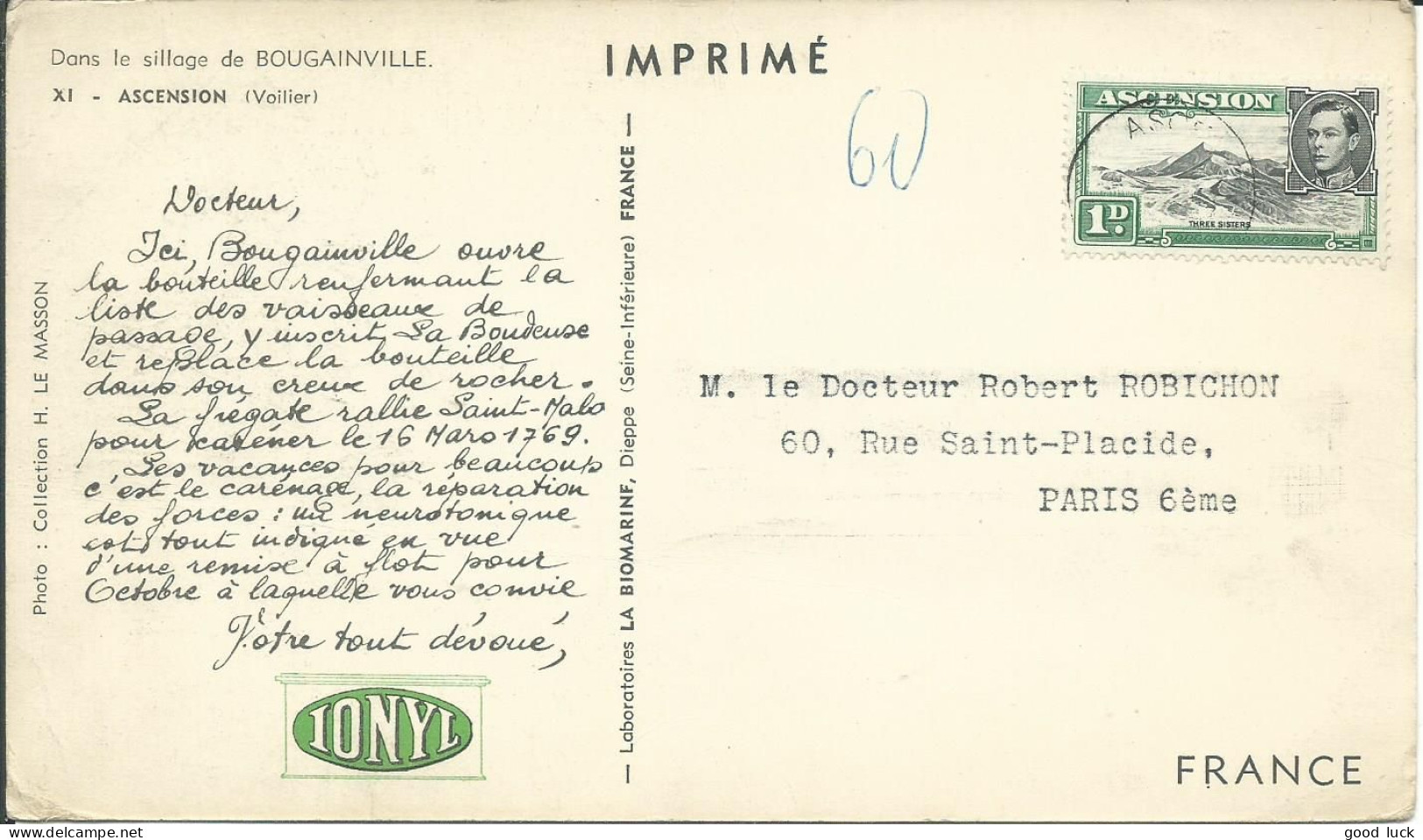 ASCENSION CARTE 1d PLASMARINE / IONYL POUR PARIS  LETTRE COVER - Ascension (Ile De L')