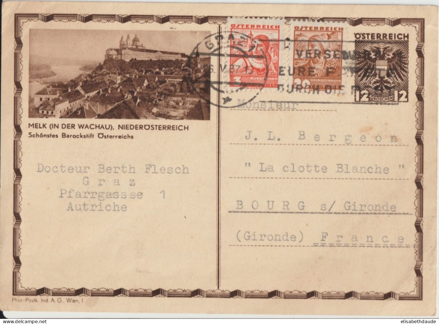 AUTRICHE - 1937 - CP ENTIER ILLUSTREE BILDPOSTKARTE (MELK) De GRAZ => BOURG SUR GIRONDE - Postkarten