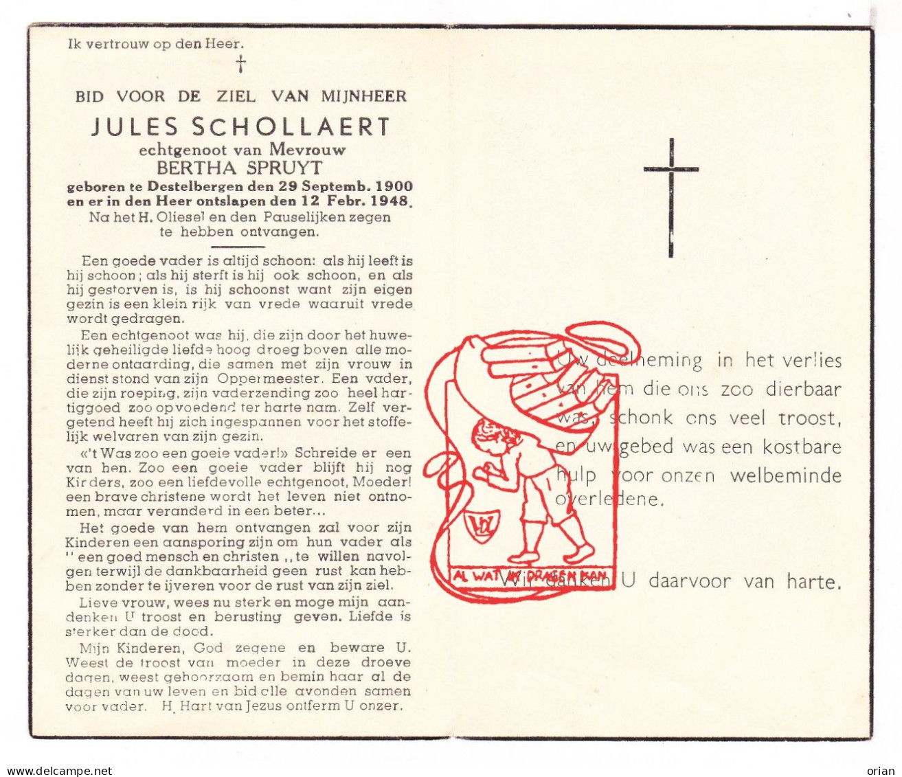 DP Jules Schollaert 47j. ° Destelbergen 1900 † 1948 X Bertha Spruyt - Devotion Images
