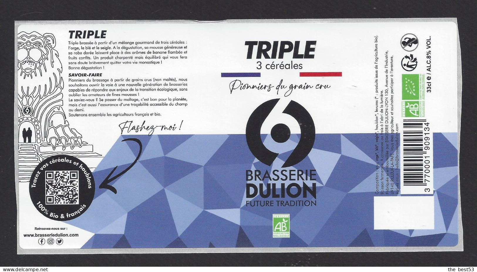 Etiquette De Bière Triple 3 Céréales  -  Brasserie Dulion  à  Rillieux La Pape   (69) - Beer