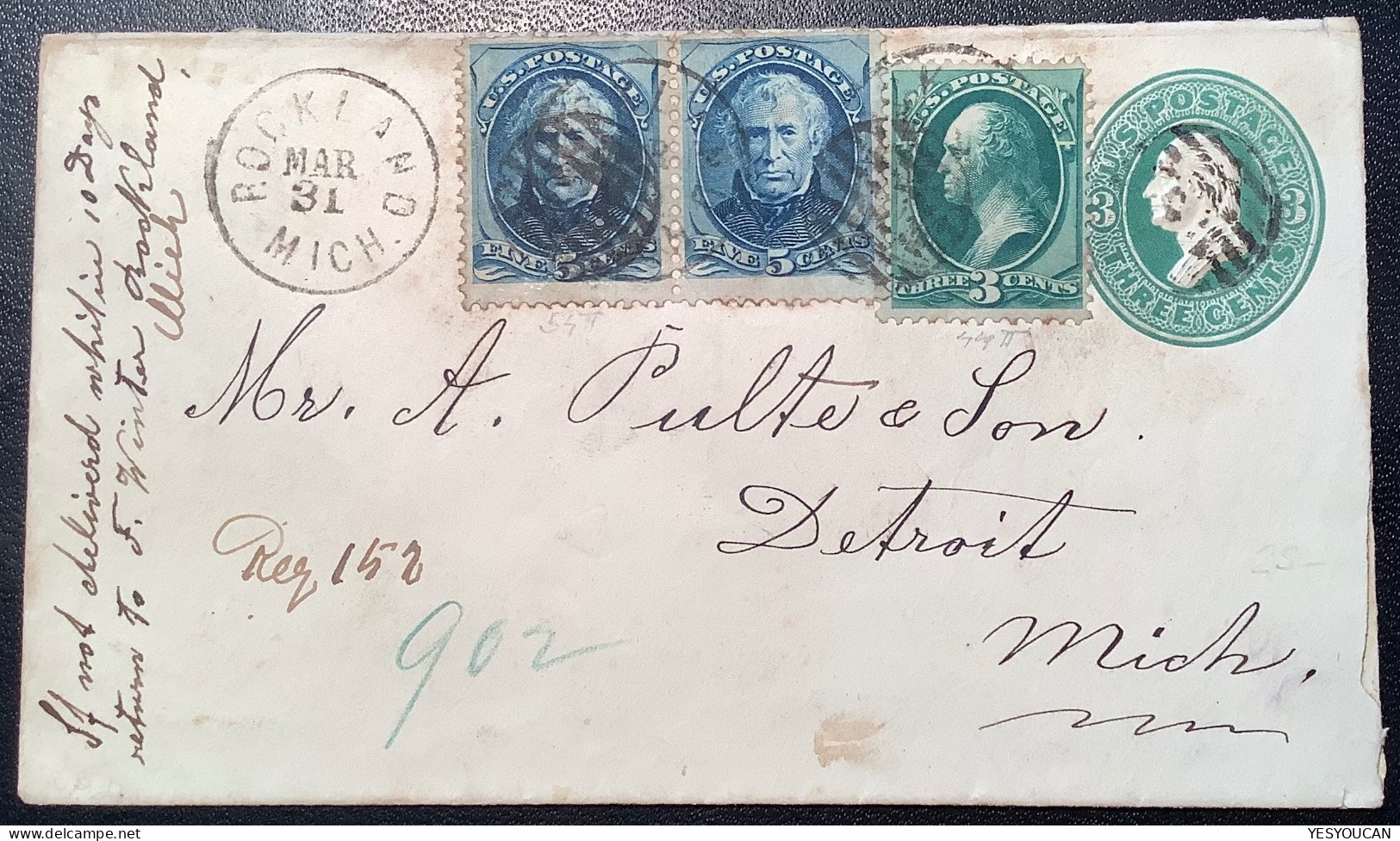 RARE MICH DPO Pmk ROCKLAND MICH Cover>Detroit 1875 #158 179 (USA Ontonagon County Copper Mine Mining Postal Stationery - Cartas & Documentos