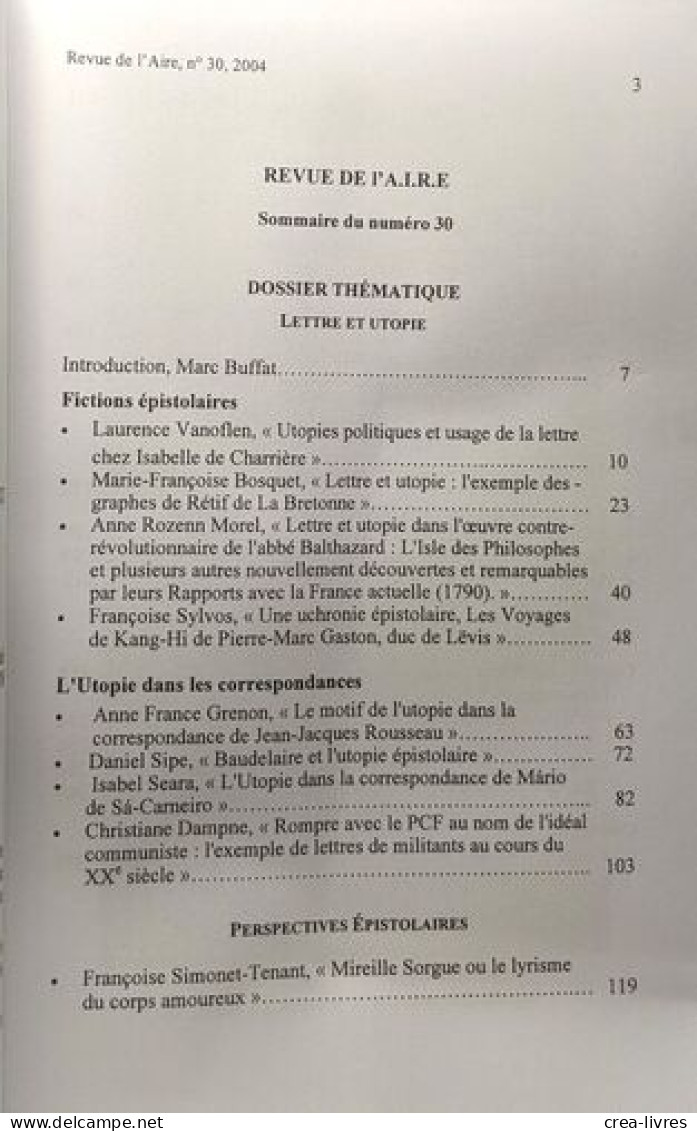 Revue De L'aire N°30 HIVER 2004 - Recherches Sur L'épistolaire / Lettre Et Utopie - Other & Unclassified