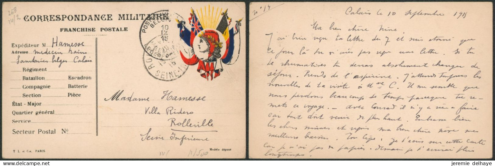Correspondance Militaire (république Française) Expédié Via P.M.B. (1915, Médecin Sanitaires Belge à Calais) > Rollevill - Esercito Belga