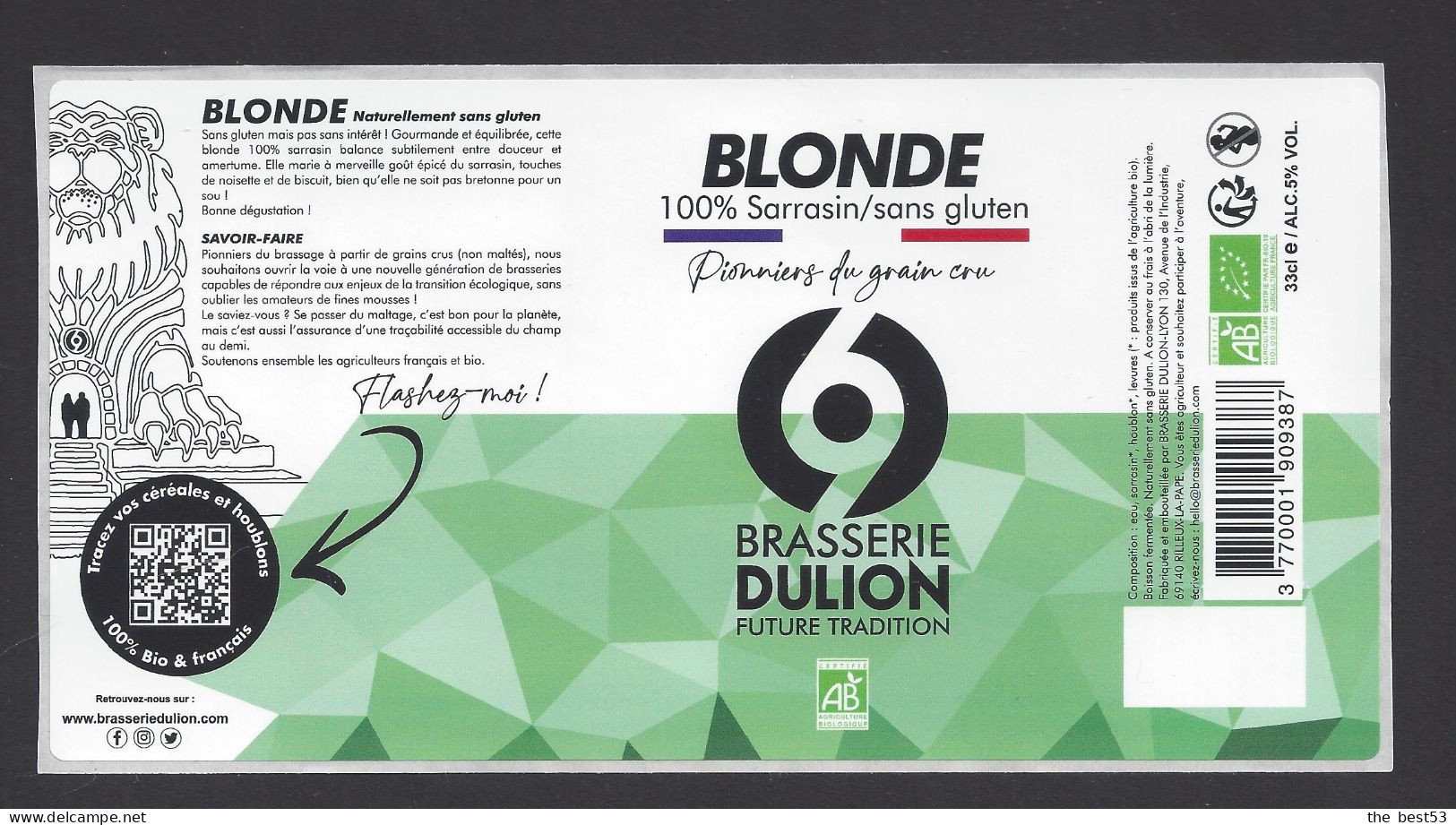 Etiquette De Bière Blonde 100% Sarrasin Sans Gluten  -  Brasserie Dulion  à  Rillieux La Pape   (69) - Bière