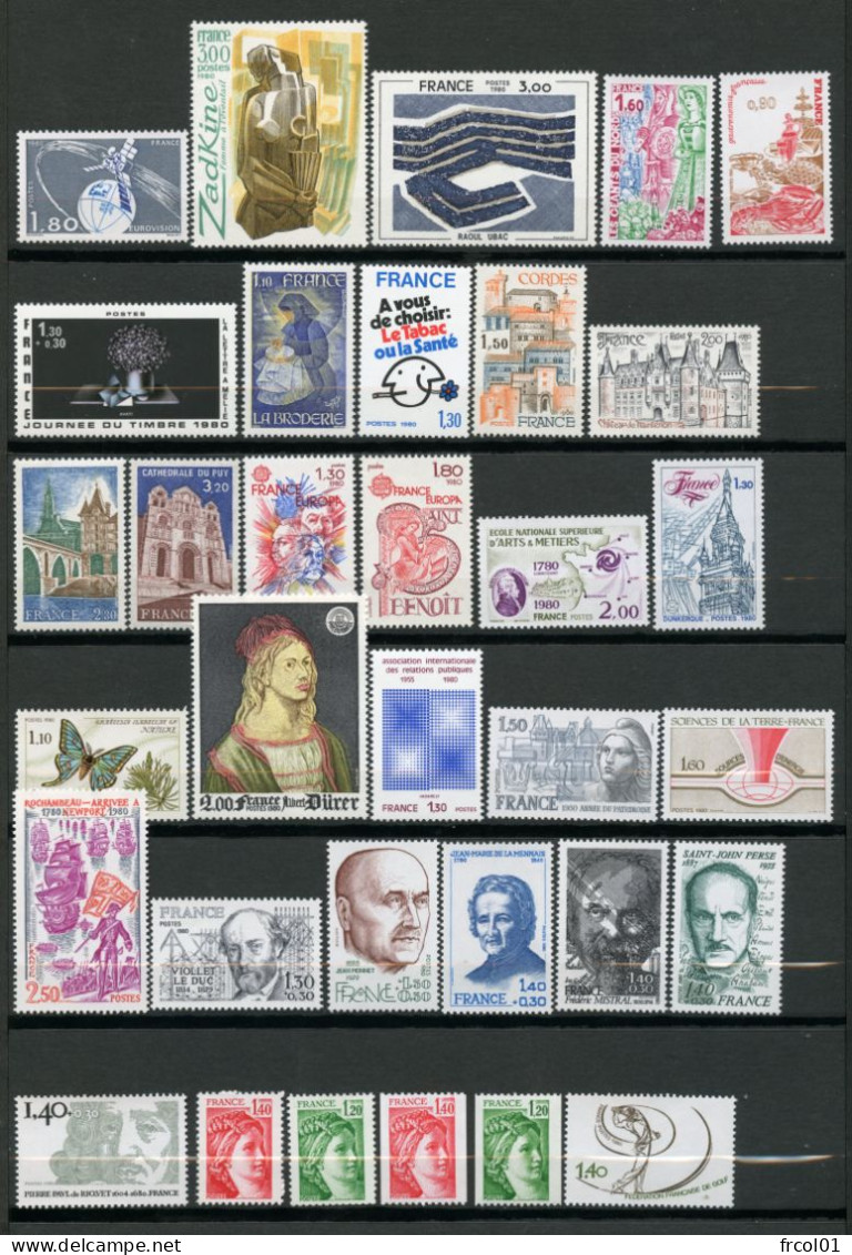 France, Yvert Année Complète 1980**, Luxe, 2073/2117, 45 Timbres , MNH - 1980-1989