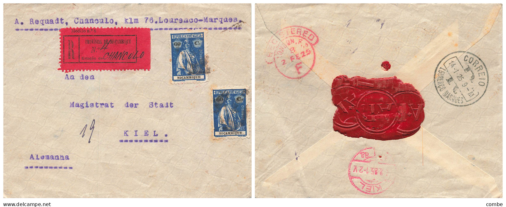 LETTRE. MOCAMBIQUE. 14 1 1925. RECOMMANDE LOURENCO-MARQUES. CHANCULO POUR KIEL ALLEMAGNE. PAR LONDRES - Mozambique