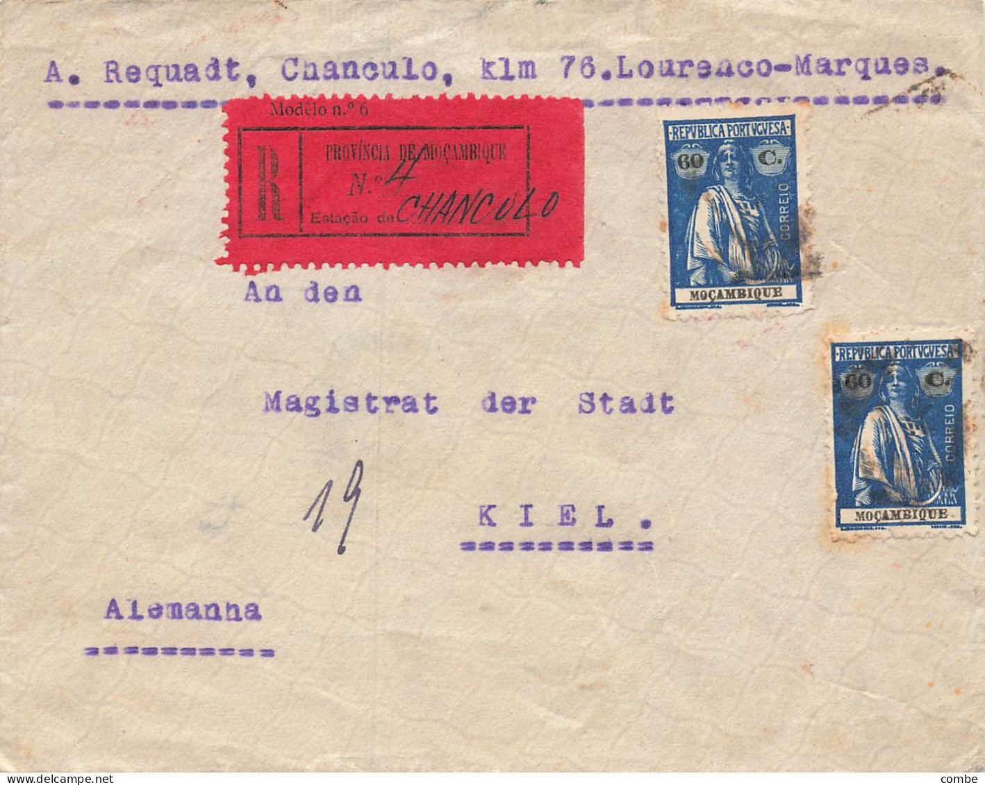 LETTRE. MOCAMBIQUE. 14 1 1925. RECOMMANDE LOURENCO-MARQUES. CHANCULO POUR KIEL ALLEMAGNE. PAR LONDRES - Mosambik