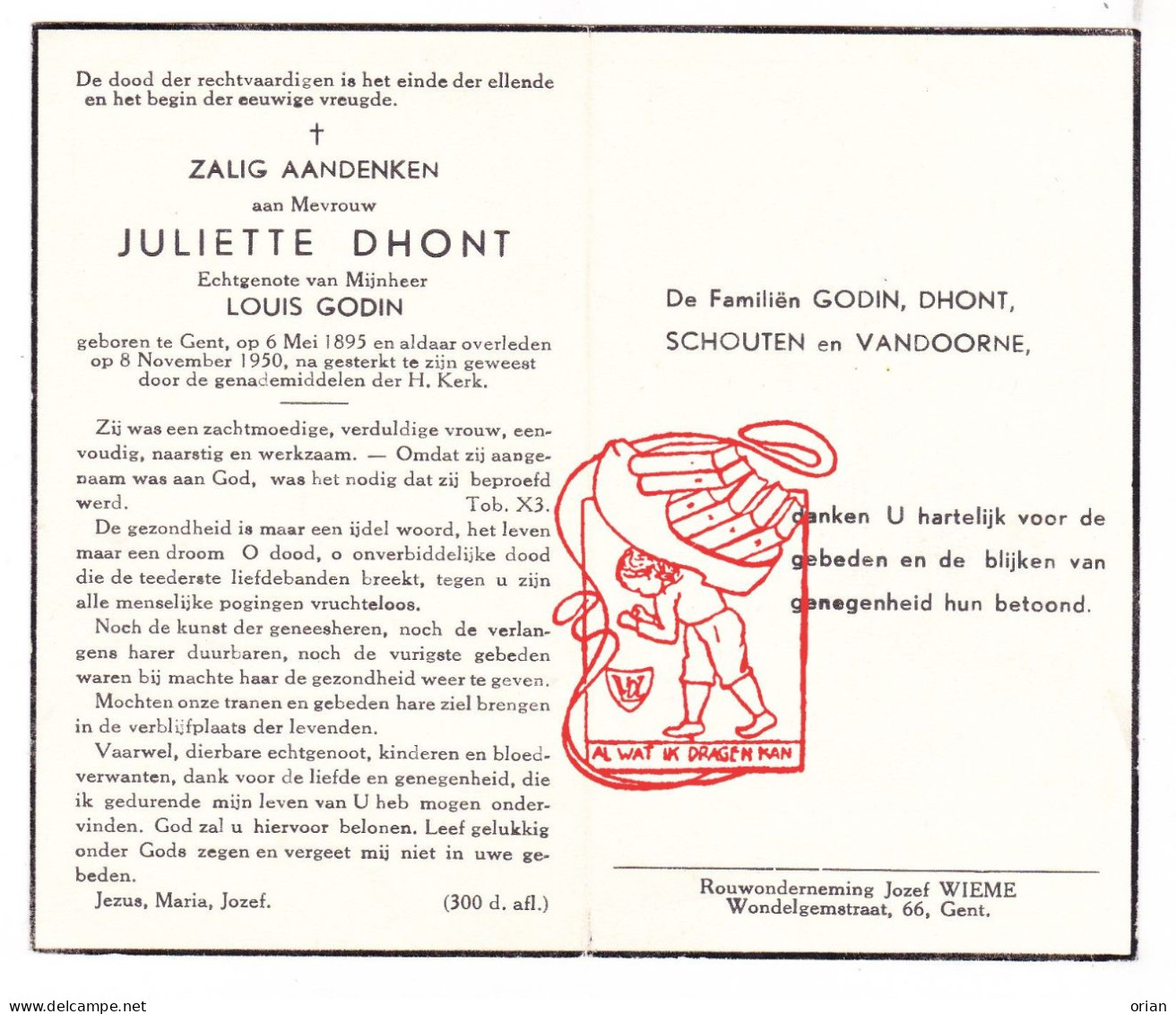 DP Juliette Dhont ° Gent 1895 † 1950 X Louis Godin // Schouten Vandoorne - Devotion Images
